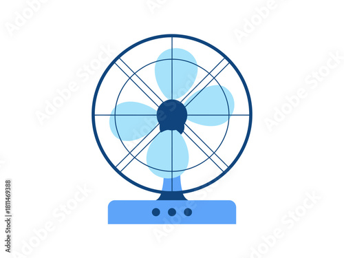 This vector illustration showcases a simple fan with blue blades and a white base, symbolizing comfort and coolness in a minimalist style ideal for various uses.