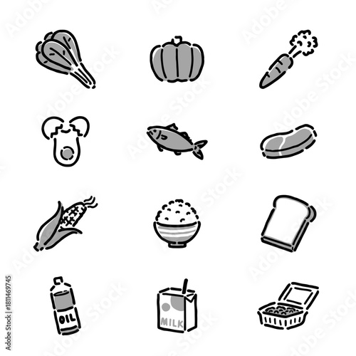 シンプルな食べ物のイラストセット（モノクロ）