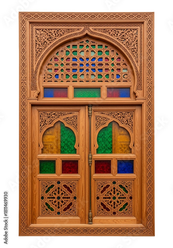 Carved wooden Moroccan door with colored glass. cutout on transparent background