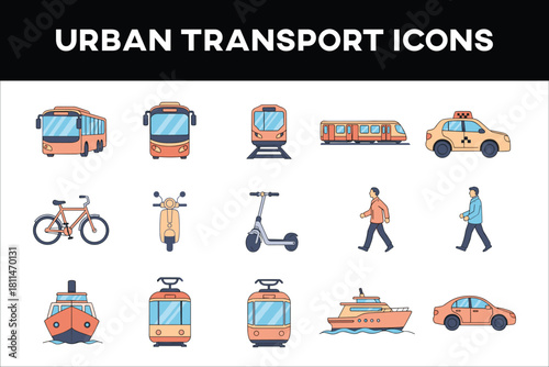 urban transport and city vehicle icons set flat line style