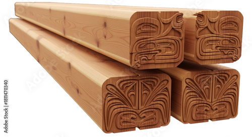 Stacked wooden beams with carved indigenous patterns. cutout on transparent background