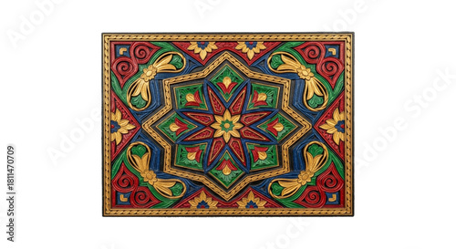 Vibrant carved wood pattern with star mandala and floral motifs. on a black background