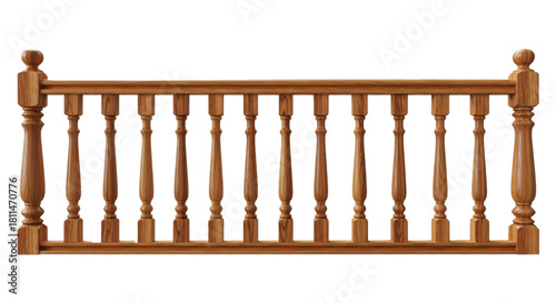 Wooden stair railing section, turned balusters and newel posts. cutout on transparent background