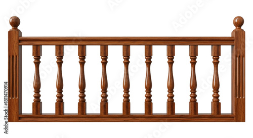 Decorative wooden staircase railing balustrade section. cutout on transparent background