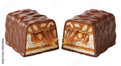 Cross-section of chocolate caramel bar with dripping filling. cutout on transparent background.
