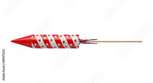 American flag themed firework rocket with stick. cutout on transparent background