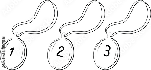 Line art winner medals with numbered ribbons for competition ranking and achievement graphics