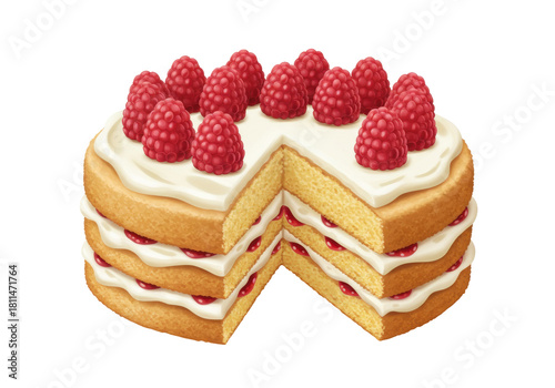 Isolated raspberry layered sponge cake, a delicious dessert with cream and fruit filling layers