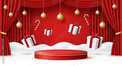 Festive Holiday Display Gifts, Stage, and Red Curtains