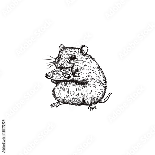 vintage hand-drawn vector illustration of a small, plump mouse holding and nibbling on a slice of pizza.