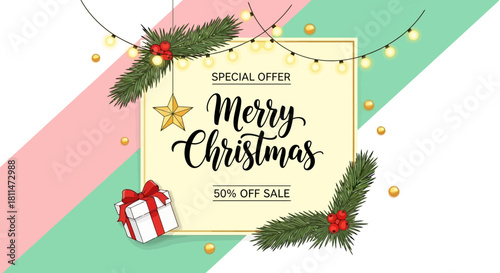 Festive Christmas Sale Banner with Lights and Decorations