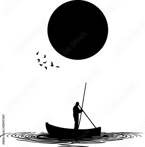 Silhouette Boatman Under a Dark Sun

Minimalist Rowing Scene with Reflection

Lone Boatman on Water – Black and White Art