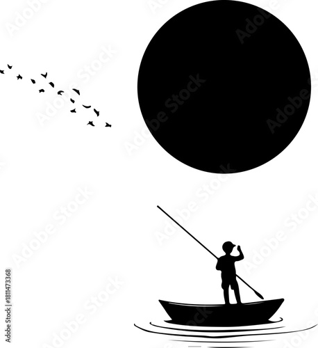 Silhouette Boatman Under a Dark Sun

Minimalist Rowing Scene with Reflection

Lone Boatman on Water – Black and White Art