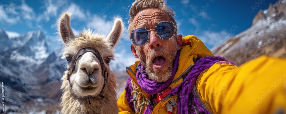 Obraz premium Man posing with llama in a scenic mountainous outdoor adventure setting