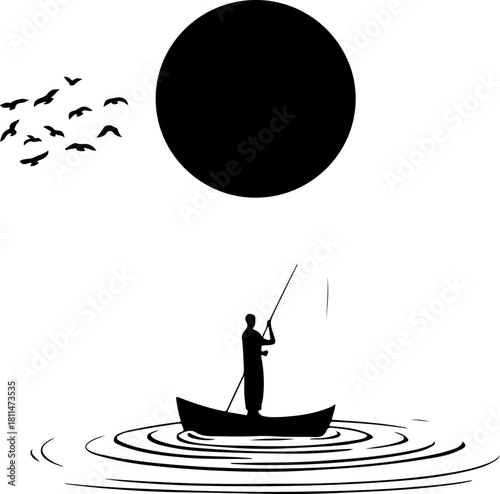 Silhouette Boatman Under a Dark Sun

Minimalist Rowing Scene with Reflection

Lone Boatman on Water – Black and White Art