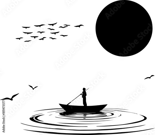 Silhouette Boatman Under a Dark Sun

Minimalist Rowing Scene with Reflection

Lone Boatman on Water – Black and White Art