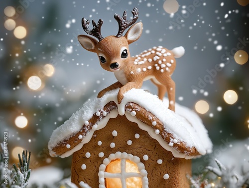 Miniature scene of adorable little deer on gingerbread house with snowy background, twinkling lights and bokeh effect. Tilt-shift style creates dreamy holiday theme composition, perfect for Christmas 