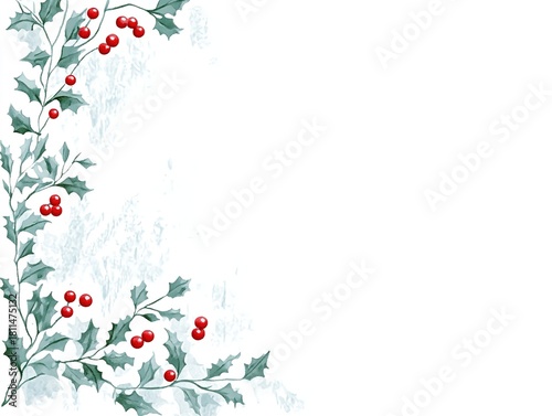Hand-drawn watercolor Christmas border frame with red berries and evergreen leaves on left side, minimalist flat vector design on white background. High resolution and detailed illustration with copy 