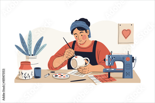 woman doing handmade craft pottery painting hobby illustration