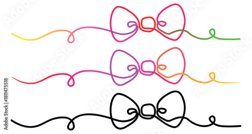 Three Abstract Bow Ties Illustration in Continuous Line Style with Vibrant Colors on White Background