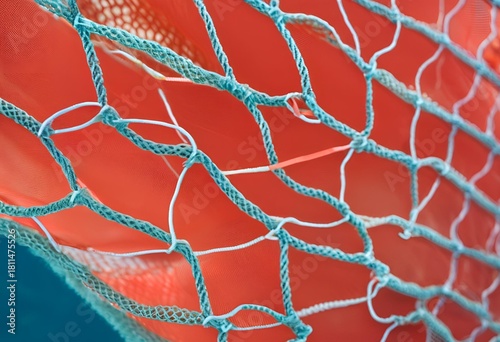 Close-up of blue and white fishing net draped over a bright orange object. 
