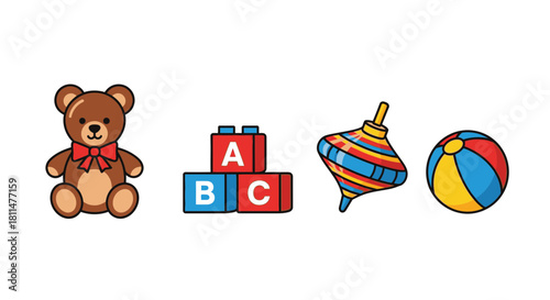 Playful collection of classic children's toys on a white background
