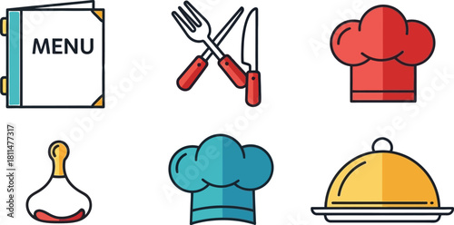 Collection of restaurant icons including menu, cutlery, chef hats, and a covered dish.