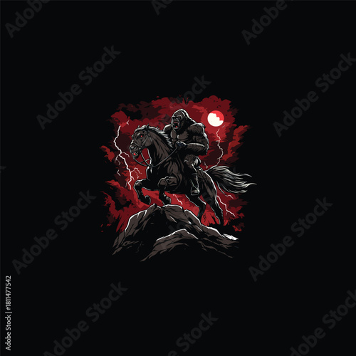 vector illustration of a gigantic, muscular gorilla or ape-like figure riding aggressively on a dark horse, positioned atop a mountain peak