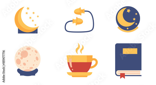 Cozy nighttime essentials for relaxation and sleep, including moon, stars, earplugs, hot drink, and book.