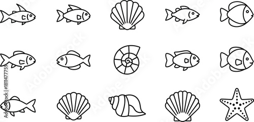 Charming collection of simple line art icons featuring various marine life and seashells.