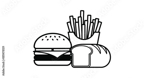 Simple line art illustration of a burger, french fries, and bread slice