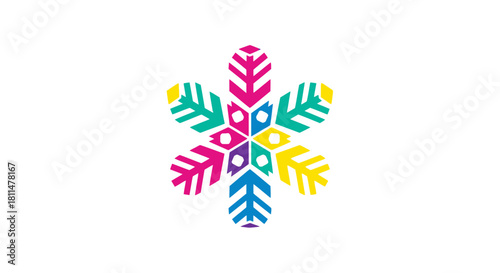 Colorful snowflake made of diverse, interconnected abstract figures symbolizing unity and winter celebration.