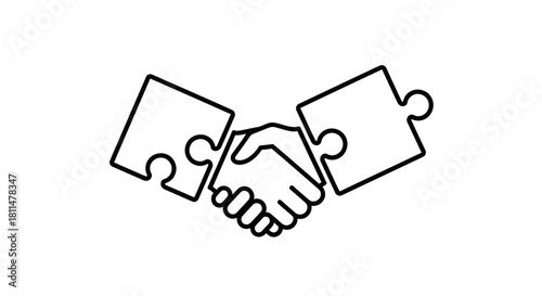 Two puzzle pieces connect with a handshake, symbolizing agreement and collaboration.