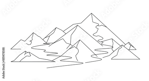 Stylized mountain range with winding rivers under a clear sky