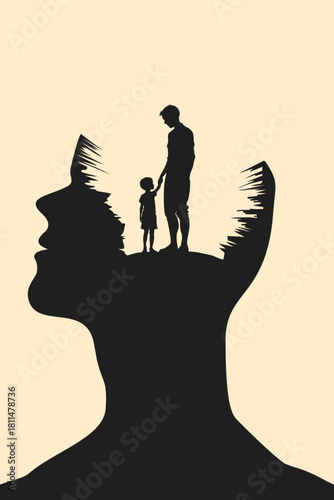 Surreal illustration of a man and child standing atop a shattered head silhouette, symbolizing healing the inner child, emotional growth, memory, trauma recovery, and psychological transformation.