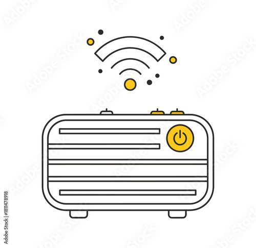 Minimalist line art illustration of a wireless internet router with a power button and Wi-Fi signal icon.
