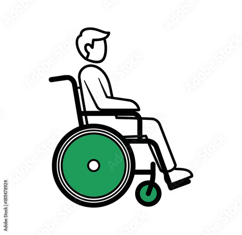A simple line art icon of a person sitting in a wheelchair with bright green wheels.