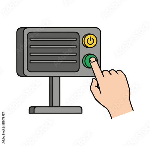 Illustration of a human hand with an index finger pressing a green start button on a machine's control panel.
