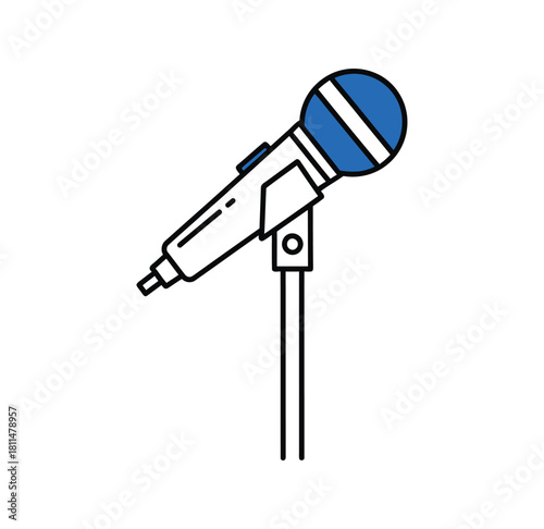 Illustration of a blue and white microphone on a stand, perfect for recording or live performances.