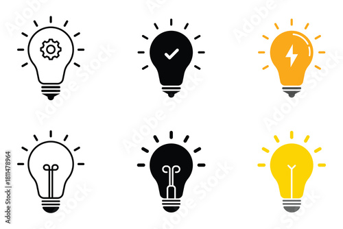 Light bulb icon on white background. Idea symbol. Electric lamp, light, innovation, solution, creative thinking, electricity. Outline, flat and colored style. Flat design.