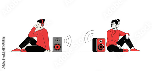 Two people sitting on the floor, each wearing headphones and listening to music from a speaker, depicted in a flat illustration style.