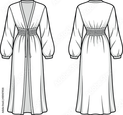 Elegant long-sleeve maxi dress flat sketch with shirred waist detailing, open front design, technical fashion outline, CAD drawing vector illustration