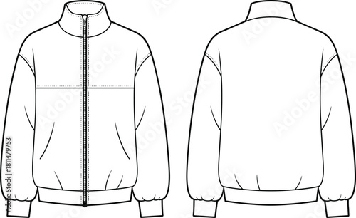 Technical jacket fashion template, front and back view illustration, vector apparel design, garment flat sketch, outerwear pattern drawing, CAD style