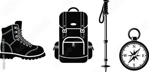 Essential hiking gear including a boot, backpack, trekking pole, and compass
