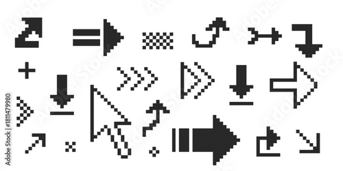 Pixel arrow set. Pixel art different directions 8 bit gaming console style sign. Interface icon. Collection