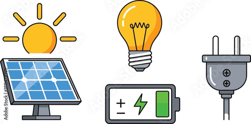 Bright idea for sustainable energy with solar power, battery storage, and electrical connection.