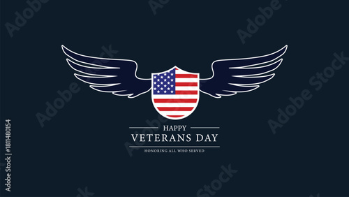 Minimalist Patriotic Winged Shield Illustration with Dark Blue Background and Red White Flag Elements for Veterans Day Banner Design