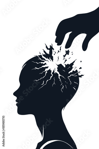 A powerful conceptual illustration showing a hand cracking open a person’s head, symbolizing psychological manipulation, trauma, and emotional control. Ideal for themes of mental health and narcissist