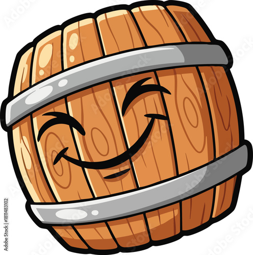 Cartoon Wooden Barrel With Happy Face And Metal Bands In A Simple White Background