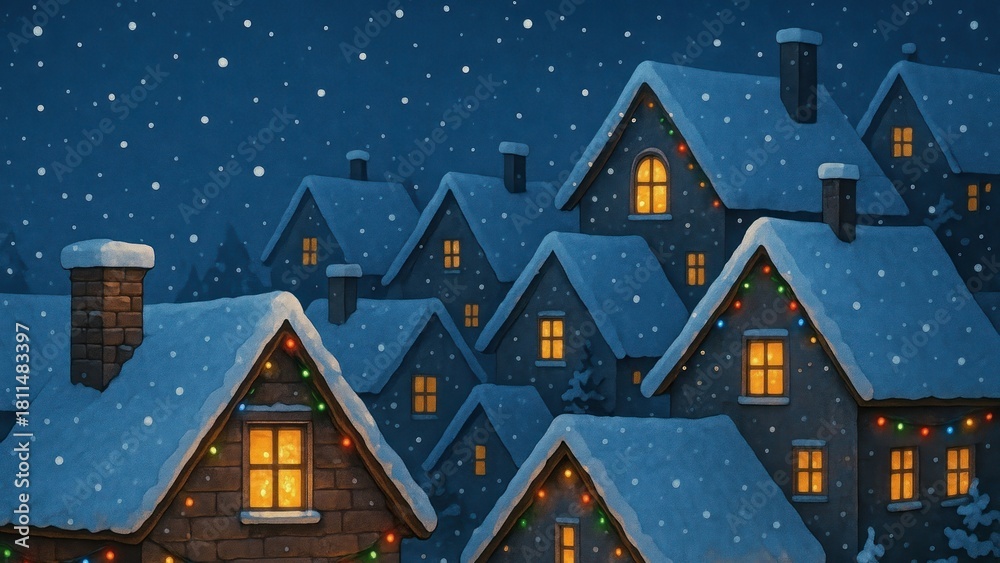 Fototapeta premium Cozy winter village night scene.